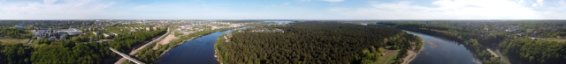 Aerial panorama over Panemunė pinewood park, Kaunas, 2020-05-10